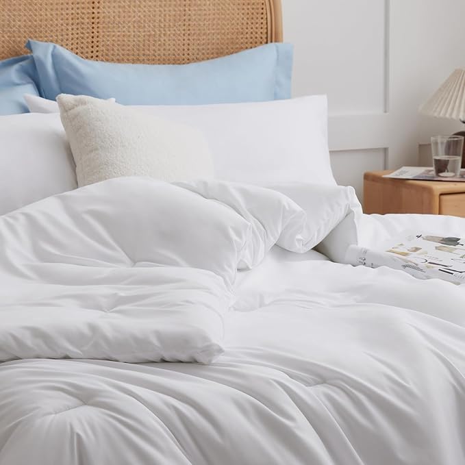 CozyLux White Comforter Set Full Size, 3 Pieces Solid Breathable Quilted Boho Style Bedding Sets, Luxury Fluffy Soft Microfiber Comforter for All Season(1 Comforter & 2 Pillowcases) - LeafyLoom