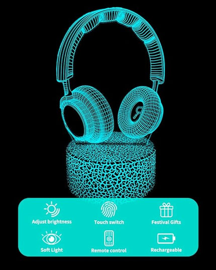 3D Headphone Night Light,3D Headset Illusion Lamp with 16 Colors Changes and Remote Control,Bedroom Decor, Table Lamp for Family, Friends - LeafyLoom