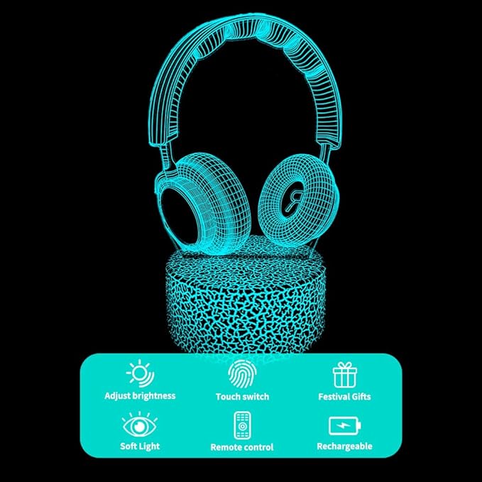 3D Headphone Night Light,3D Headset Illusion Lamp with 16 Colors Changes and Remote Control,Bedroom Decor, Table Lamp for Family, Friends - LeafyLoom