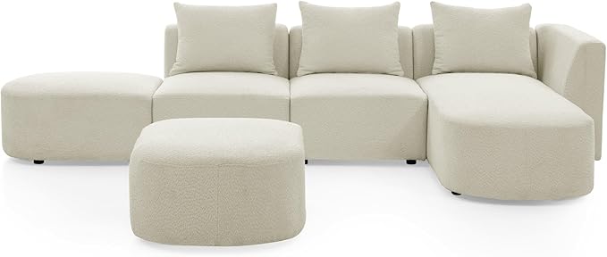 113" L-Shape Sectional Side Chaise and Ottoman, Modular Sofa, DIY Combination, Loop Yarn Fabric for Living Room, Apartment, 113inch, Beige Right - LeafyLoom