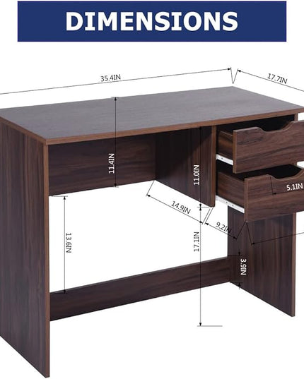 Home Office Computer Desk, 35.4" Small Study Writing Table, with Storage Drawers, Modern Teen Student Adult PC Table Desk, Walnut - LeafyLoom