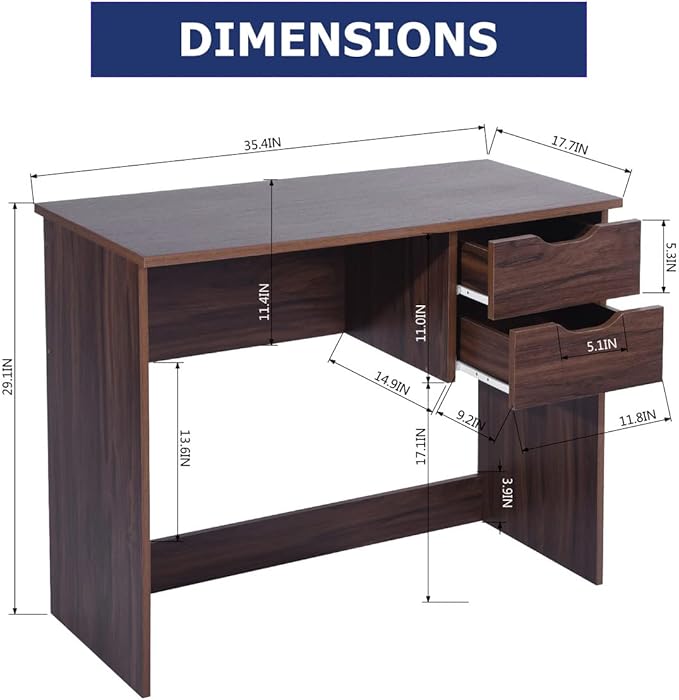 Home Office Computer Desk, 35.4" Small Study Writing Table, with Storage Drawers, Modern Teen Student Adult PC Table Desk, Walnut - LeafyLoom