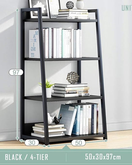 IOTXY 4 Tier Open Bookshelf - Steel and Wood Display Stand, 50CM Width Floor-Standing Bookcase, Black - LeafyLoom
