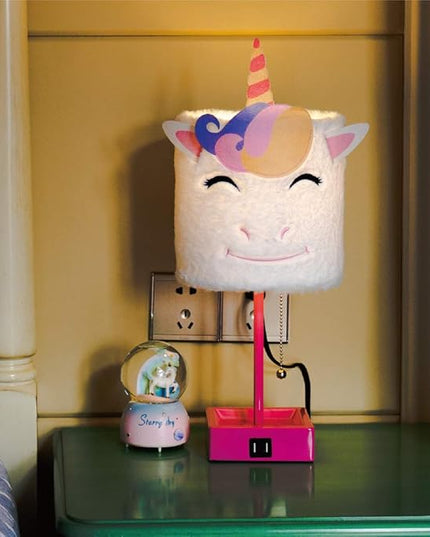Table Lamp Cute Unicorn Plush Shade Desk Lights for Gifts with 2 USB Charging Ports and 1 Power Outlet for Bedroom Reading & Living Room - LeafyLoom