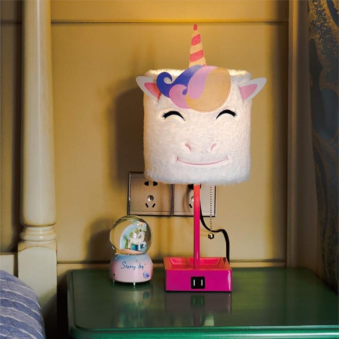 Table Lamp Cute Unicorn Plush Shade Desk Lights for Gifts with 2 USB Charging Ports and 1 Power Outlet for Bedroom Reading & Living Room - LeafyLoom