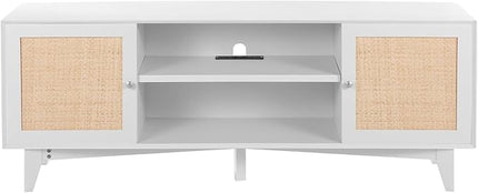 VEVOR Rattan TV Stand for 75in TV, Boho TV Stand with Rattan Door, Entertainment Center with Build-in Socket, Storage Cabinet with 2 Shelves, Modern TV Console for Living Room, Media Room, White - LeafyLoom