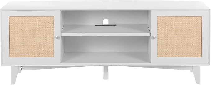 VEVOR Rattan TV Stand for 75in TV, Boho TV Stand with Rattan Door, Entertainment Center with Build-in Socket, Storage Cabinet with 2 Shelves, Modern TV Console for Living Room, Media Room, White - LeafyLoom