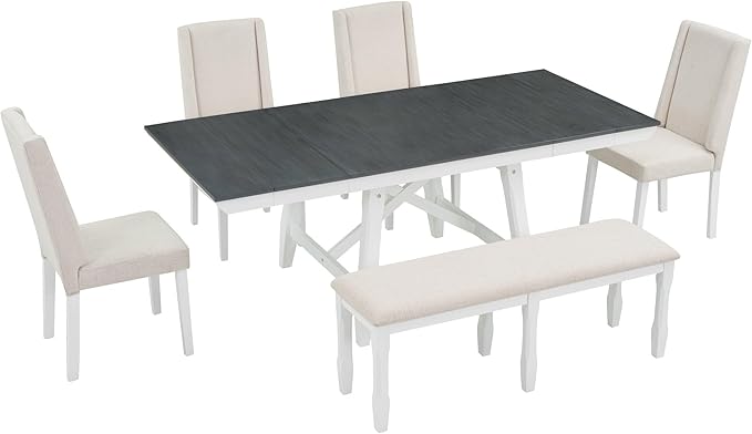 Farmhouse 6-Piece Dining Set, Included Solid Wood Rectangular Extendable Table with Two 12" W Removable Leaves and 4 Upholstered Chairs & a Bench, Home Kitchen Furniture, Gray+Beige+White - LeafyLoom
