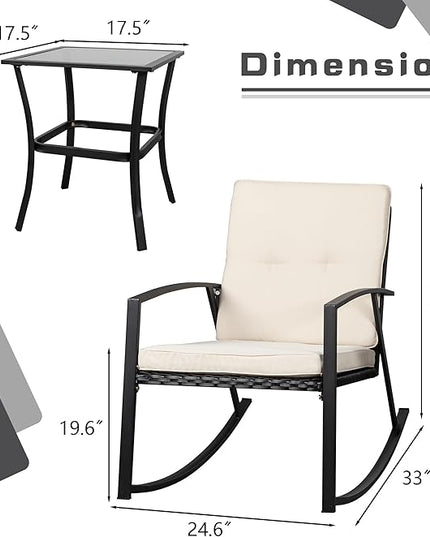 Shintenchi 3 Pieces Rocking Bistro Set Wicker Patio Outdoor Furniture, 2 Rattan Porch Chairs Conversation Sets with Glass Coffee Table (Beige) - LeafyLoom