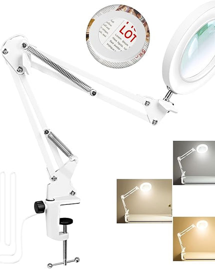 Magnifying Glass with Light and Clamp, 10X Real Glass Magnifier with Light, 3 Color Modes Stepless Dimmable Lighted Magnifying Glass, Magnifying Lamp for Repair Crafts Close Work- WHITE - LeafyLoom