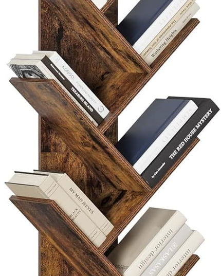 Function Home 9 Tier Tree Bookshelf, Modern Tall Geometric Bookcase, Freestanding Book Shelf, Wood Floor Storage Shelf for Living Room, Bedroom, Home Office,Rustic Brown - LeafyLoom