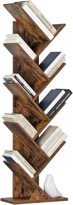 Function Home 9 Tier Tree Bookshelf, Modern Tall Geometric Bookcase, Freestanding Book Shelf, Wood Floor Storage Shelf for Living Room, Bedroom, Home Office,Rustic Brown - LeafyLoom