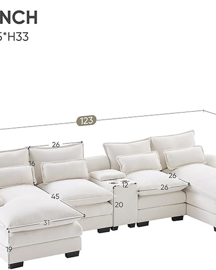 U Shaped Modular Sectional Sofa Deep Seat Oversized Symmetrical Corner Couch with Console,Cupholders and USB Ports, 6 Seater Velvet Upholstered Corner Sofa&Couches with Double Chaise Lounge - LeafyLoom