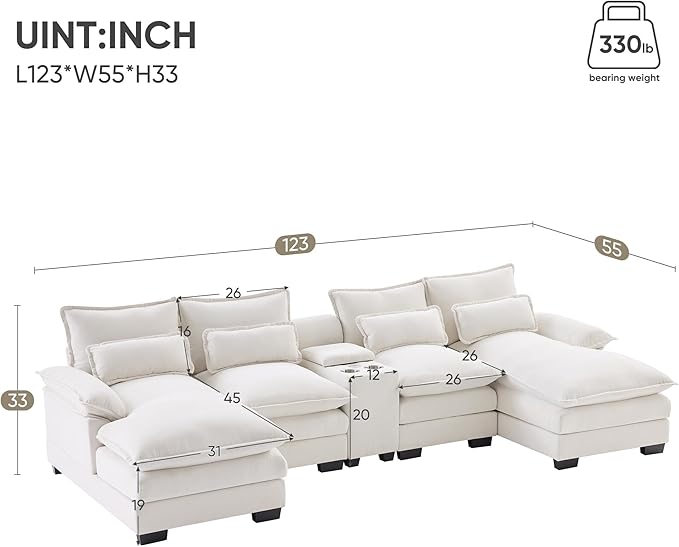 U Shaped Modular Sectional Sofa Deep Seat Oversized Symmetrical Corner Couch with Console,Cupholders and USB Ports, 6 Seater Velvet Upholstered Corner Sofa&Couches with Double Chaise Lounge - LeafyLoom