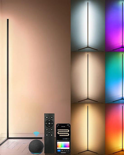 RGBWW Corner Lamp, Color Changing Floor Lamps for Living Room, Compatible with Alexa, Google Home, WiFi APP Remote Control, 2700k-6500k Smart LED 61" Tall Standing Lamp for Bedroom Game Room - LeafyLoom
