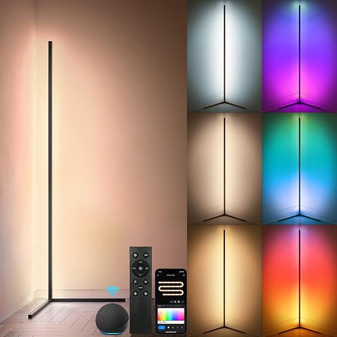 RGBWW Corner Lamp, Color Changing Floor Lamps for Living Room, Compatible with Alexa, Google Home, WiFi APP Remote Control, 2700k-6500k Smart LED 61" Tall Standing Lamp for Bedroom Game Room - LeafyLoom