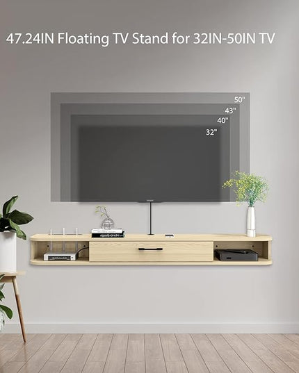 Floating TV Unit, 47'' Wall Mounted TV Cabinet, Floating Shelves with Door, Modern Entertainment Media Console Center Large Storage TV Bench for Living Room & Office (47.24IN, Oak) - LeafyLoom