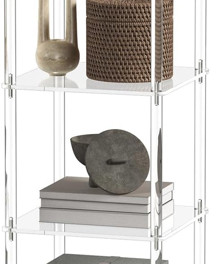 4 Tier Square Acrylic Bookshelf, Small Bookcase with Acrylic Fittings for Fixing to Wall, Corner Display Shelf for Living Room, Bedroom, Bathroom, Small Spaces, Clear, 11.6'' W x 34'' H - LeafyLoom