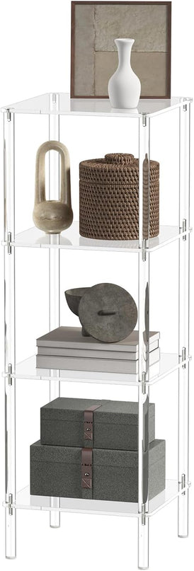 4 Tier Square Acrylic Bookshelf, Small Bookcase with Acrylic Fittings for Fixing to Wall, Corner Display Shelf for Living Room, Bedroom, Bathroom, Small Spaces, Clear, 11.6'' W x 34'' H - LeafyLoom