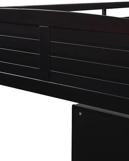 Twin Size Loft Bed with Slide and Storage Cabinets, Low Loft Bed Frame with Shelves for Kids and Teens, Wooden Loft Beds for Bedroom Guestroom, No Box Spring Needed, Espresso - LeafyLoom