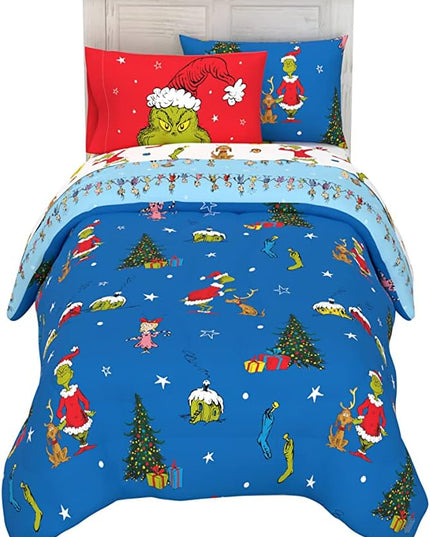 Franco Grinch by Dr. Seuss Holiday & Christmas Bedding Soft Comforter and Sheet Set with Sham, 5 Piece Twin Size, (Official Dr. Seuss Product) - LeafyLoom