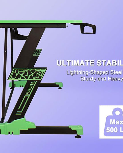 63 Inch Gaming Desk, with Carbon Fiber Surface, Lightning-Shaped PC Computer Table, with Headphone Holder, Cup Holder, Cable Management Box, Gaming Table for Gamer, Purple&Green - LeafyLoom
