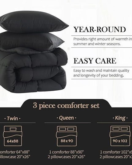 WhatsBedding Queen Comforter Set, Black Lightweight 3 Pieces Bedding Set for All Season Soft Down Alternative Bed Set with 2 Pillowcases, Queen Size,88"x90" - LeafyLoom