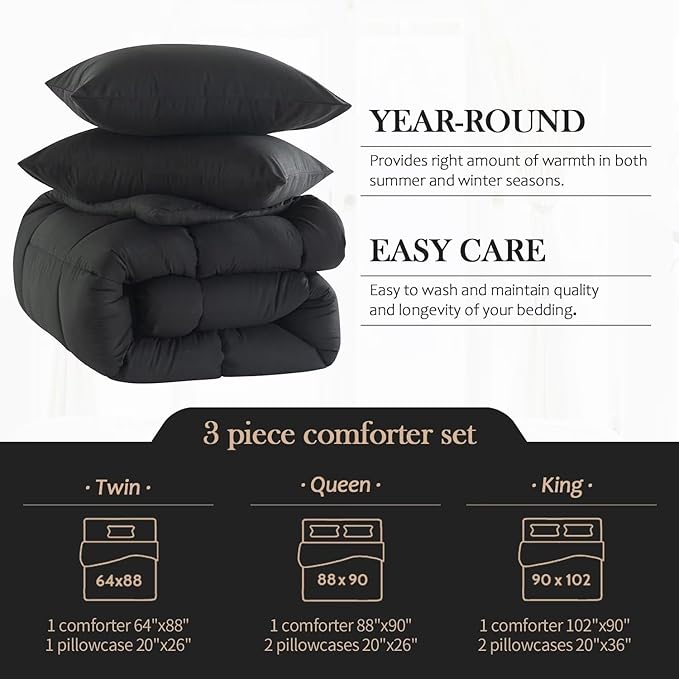 WhatsBedding Queen Comforter Set, Black Lightweight 3 Pieces Bedding Set for All Season Soft Down Alternative Bed Set with 2 Pillowcases, Queen Size,88"x90" - LeafyLoom