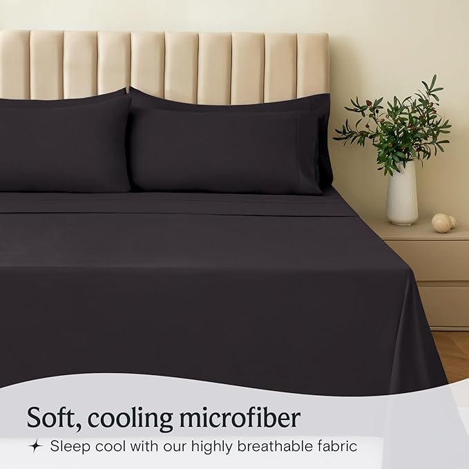 LuxClub 6 PC California King Sheet Set, Breathable Luxury Bed Sheets, Deep Pockets 18" Wrinkle Free Cooling Sheets Machine Washable Hotel Bedding Silky Soft - Black Cal King - LeafyLoom