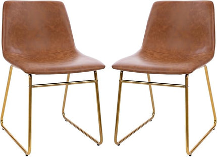 Flash Furniture Butler 18 Inch Commercial Grade LeatherSoft Dining Table Height Chair, Mid-Back Gold Sled Base with Light Brown LeatherSoft Upholstery, Set of 2 - LeafyLoom