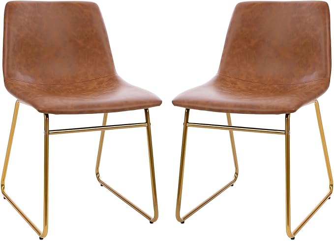 Flash Furniture Butler 18 Inch Commercial Grade LeatherSoft Dining Table Height Chair, Mid-Back Gold Sled Base with Light Brown LeatherSoft Upholstery, Set of 2 - LeafyLoom