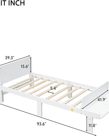 Twin Bed with Footboard Bench, Twin Kid Bed with Headboard, Wood Slat Support, Cute Kid Bed Frame with Book Storage Space, Twin Car Bed for Boys Girls Bedroom, No Box Spring Needed, White - LeafyLoom