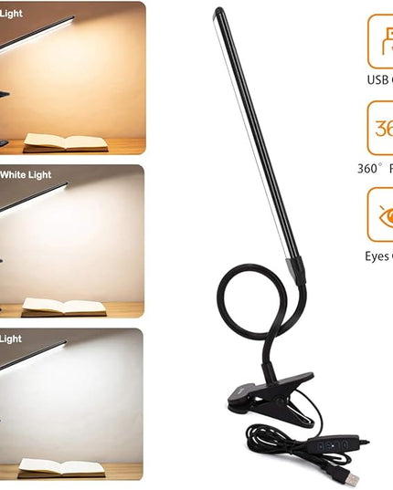 Clamp on Lamp, Clip Light, Desk Lamps 3 Color Temperature Setting, 10 Brightness Levels, 2m USB Cord Power Supply and AC Adapter Included, Pack of 2 (Black) - LeafyLoom