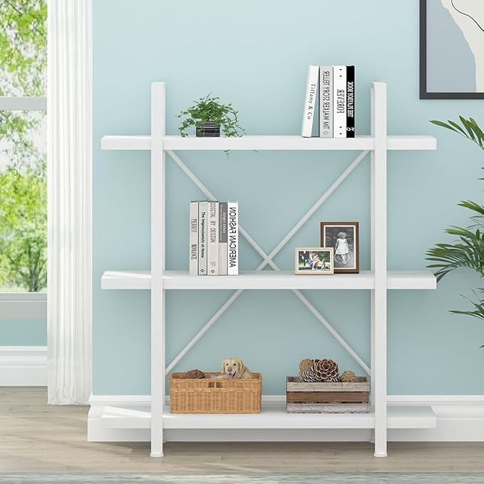 HSH 3 Tier White Bookshelf, Modern Small 3 Shelf Bookcase, Industrial Metal Wood Storage Shelves and Display Book Rack, Farmhouse Open Low Book shelf for Bedroom Living Room Office, White Oak - LeafyLoom