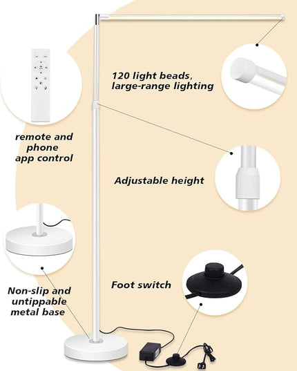Floor Lamp with Long Rotatable Lamp Head and Adjustable Height, White Dimmable Reading Light Floor Lamp, LED Lamp for Sewing, Needlework,Quilting,Piano-Playing,Paint,Fine Arts and Crafts - LeafyLoom