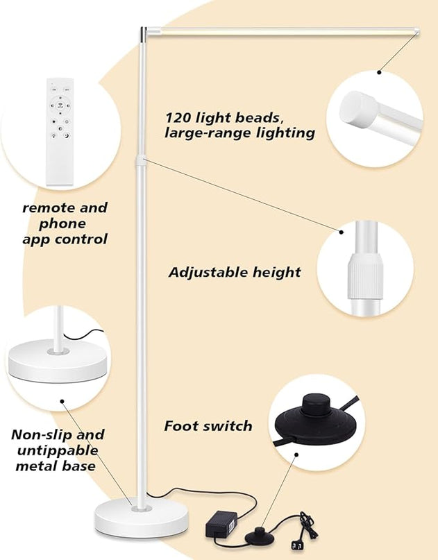 Floor Lamp with Long Rotatable Lamp Head and Adjustable Height, White Dimmable Reading Light Floor Lamp, LED Lamp for Sewing, Needlework,Quilting,Piano-Playing,Paint,Fine Arts and Crafts - LeafyLoom