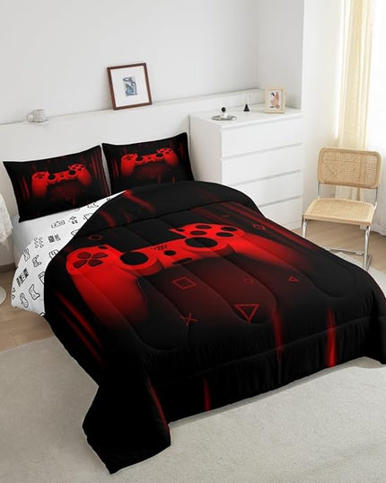 Feelyou Queen Comforter Set for Boys Gamer Bedding Set for Boys Kids Gaming Comforter Red Black Teen Child Gamer Room Decor Soft Game Geometric Duvet Quilted 1 Comforter with 2 Pillowcases Gamer Gifts - LeafyLoom