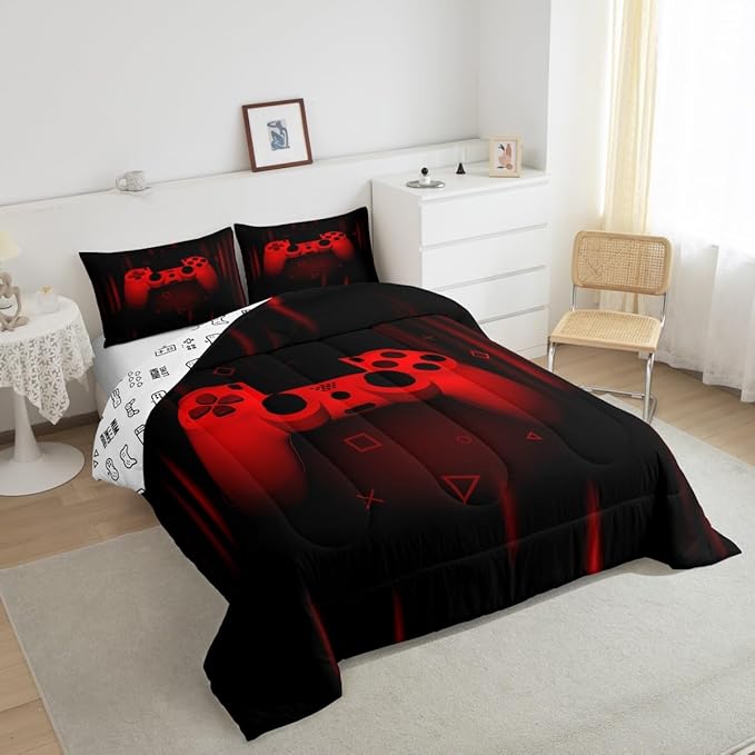 Feelyou Twin Comforter Set for Boys Gamer Bedding Set for Boys Kids Gaming Comforter Red Black Teen Child Gamer Room Decor Soft Game Geometric Duvet Quilted 1 Comforter with 1 Pillowcase Gamer Gifts - LeafyLoom