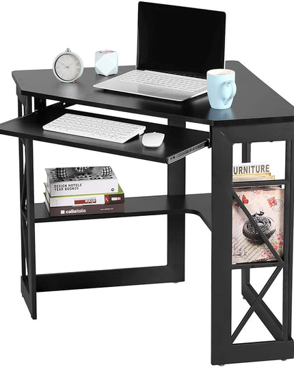 VECELO Corner Computer Desk Writing Smooth Keyboard Tray & Storage Shelves,Compact Home Office Triangle Table, Black - LeafyLoom