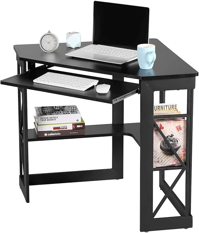 VECELO Corner Computer Desk Writing Smooth Keyboard Tray & Storage Shelves,Compact Home Office Triangle Table, Black - LeafyLoom