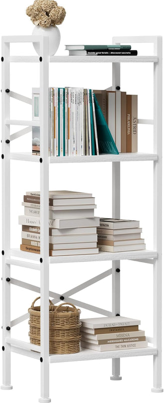 4 Tier Book Shelf, Small Bookshelf Storage Organizer, Tall Narrow Bookcase with Storage Shelves, Wooden Industrial Office Shelves for Bedroom, Living Room, White - LeafyLoom