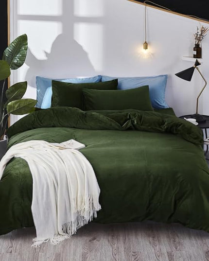 Wellboo Olive Green Velvet Comforter Sets Twin Size Fluffy Army Green Bedding Comforters Soft Women Men Solid Dark Green Flannel Quilt Modern Blackish Green Sherpa Bed Puffy Military Green Blankets - LeafyLoom