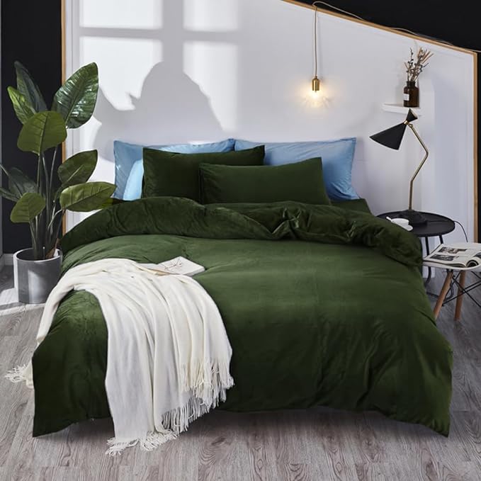 Wellboo Olive Green Velvet Comforter Sets Twin Size Fluffy Army Green Bedding Comforters Soft Women Men Solid Dark Green Flannel Quilt Modern Blackish Green Sherpa Bed Puffy Military Green Blankets - LeafyLoom