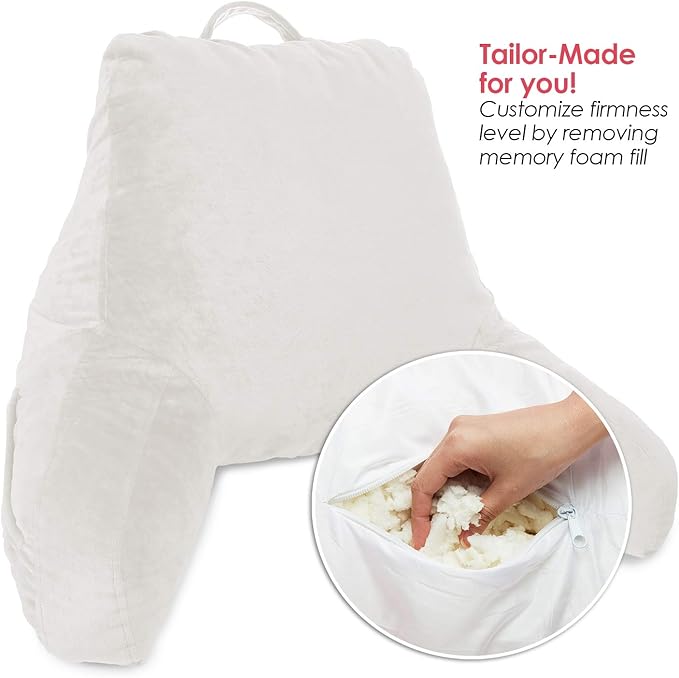 Clara Clark Reading Pillow for Kids, Small Back Pillow for Sitting Up in Bed, Memory Foam Back Support Pillow, Reading Pillows for Sitting in Bed, White Gaming Pillow for Bed with Arms and Pockets - LeafyLoom