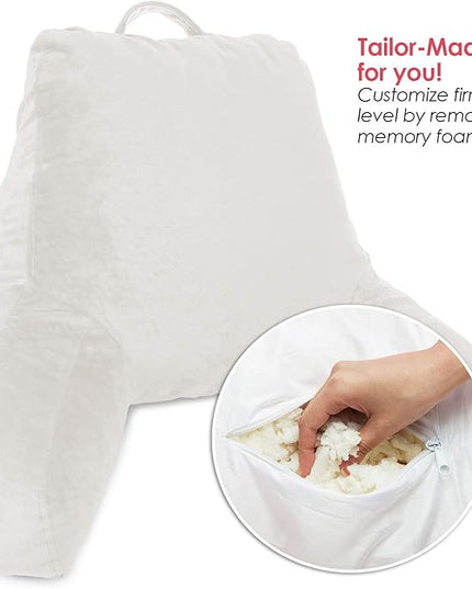 Clara Clark Reading Pillow, Standard Back Pillow for Sitting Up in Bed, Memory Foam Back Support Pillow, Reading Pillows for Sitting in Bed, White Sit Up Pillow for Bed Chair Arm Pillow with Pockets - LeafyLoom