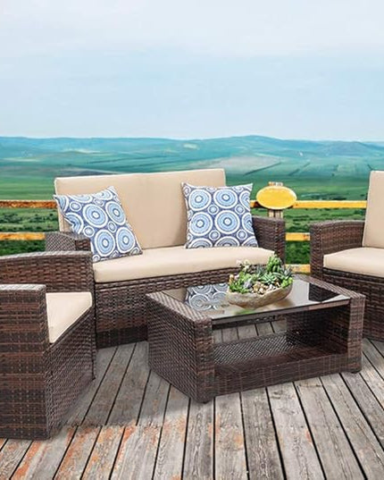 FDW Sectional Sofa Rattan Chair Wicker Conversation Set Outdoor Backyard Porch Poolside Balcony Garden Furniture with Coffee Table, Brown - LeafyLoom