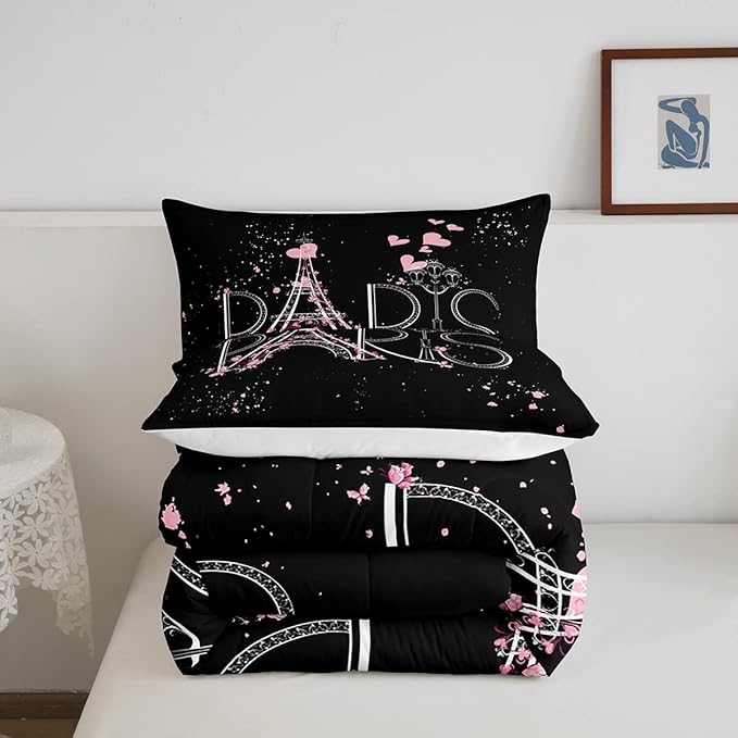 Eiffel Tower Comforter Set Chic Paris Bedding Set Romantic Theme Comforter for Boys Girls Children Teens Black Pink Bedroom Decor Modern French Style Duvet Set King Size with 2 Pillow Case - LeafyLoom