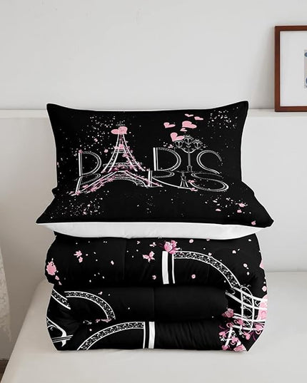 Eiffel Tower Comforter Set Chic Paris Bedding Set Romantic Theme Comforter for Boys Girls Children Teens Black Pink Bedroom Decor Modern French Style Duvet Set Queen Size with 2 Pillow Case - LeafyLoom