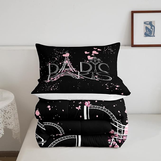 Eiffel Tower Comforter Set Chic Paris Bedding Set Romantic Theme Comforter for Boys Girls Children Teens Black Pink Bedroom Decor Modern French Style Duvet Set Queen Size with 2 Pillow Case - LeafyLoom
