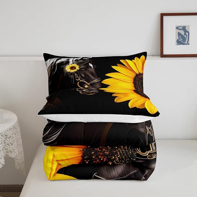 Erosebridal Horse Comforter Set King,Sunflower Horse Bedding Set for Boys Girls Teens Adults,Western Cowboy Farmhouse Down Comforter Farm Animal Quilt Duvet Sets Bedroom Decor 2 Pillow Cases Black - LeafyLoom